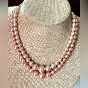 VTG Japan Faux Blush Pink Pearls 2 Strand Necklace 16”